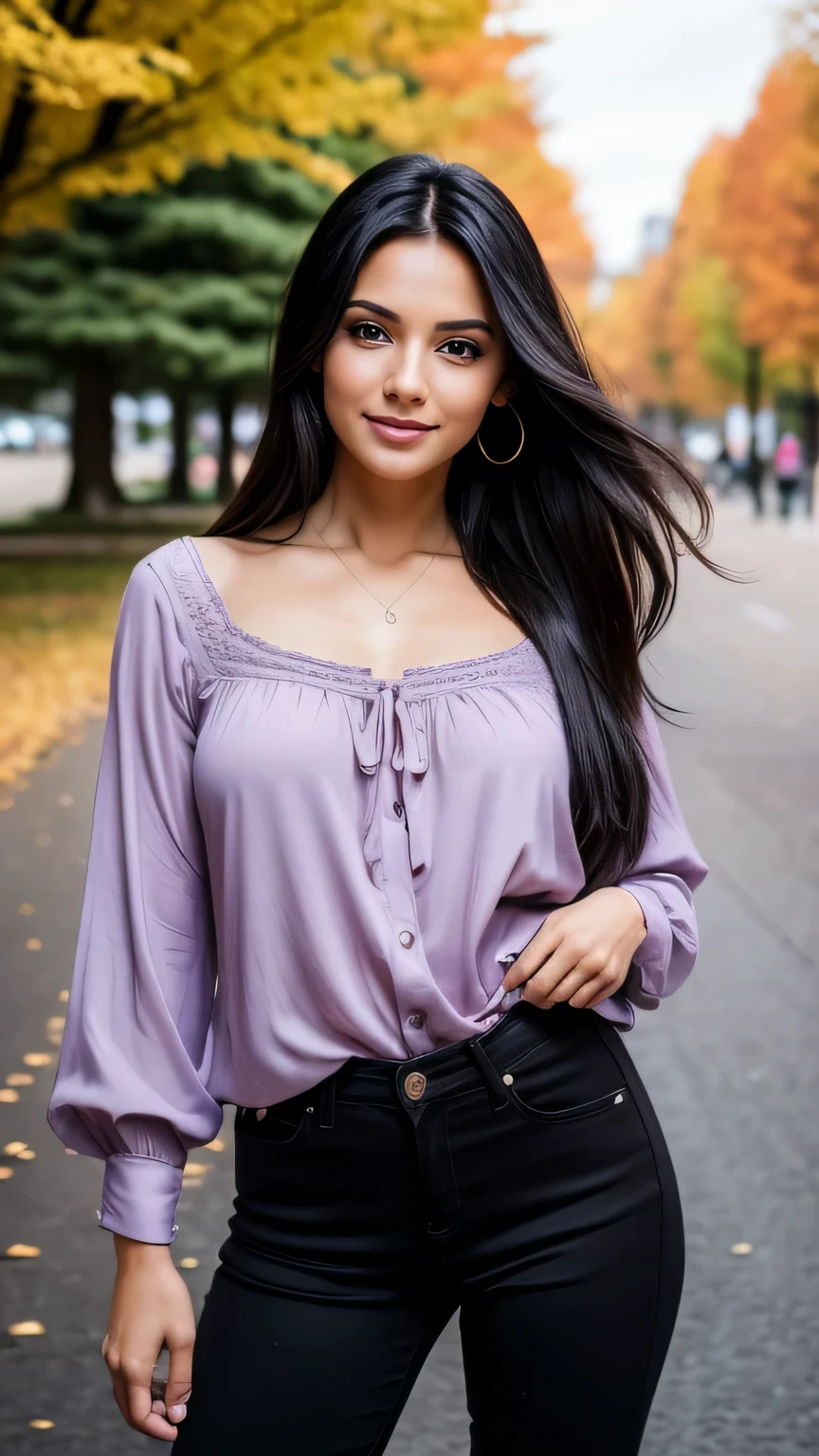 Realistic full body photo of a smiling, Young black-haired girl with long hair, She dances in front of the camera in a long, violet, tight blouse and tight black jeans.., Park,glamour fotoshooting, Park, perfect anatomy, perfect brown eyes. Perfect hands with 5 fingers on each hand, Matching girl, look into the camera, 1 Frau. (Eye make up:1.1), (highly detailed skin:1.1), spirit, analog style, keen focus, 8K UHD, dslr, good quality, Fujifilm XT3, Grain, Award-winning, masterpiece. Park