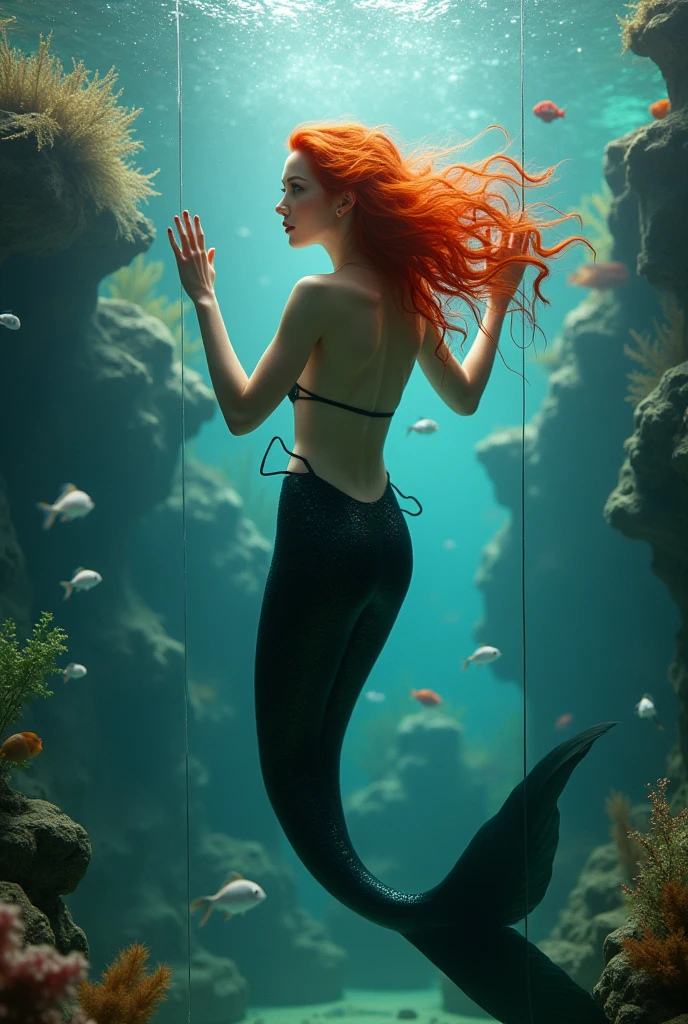 I will be in an aquarium, with red hair, eye white, black tail, pretty, with hands on the aquarium glass