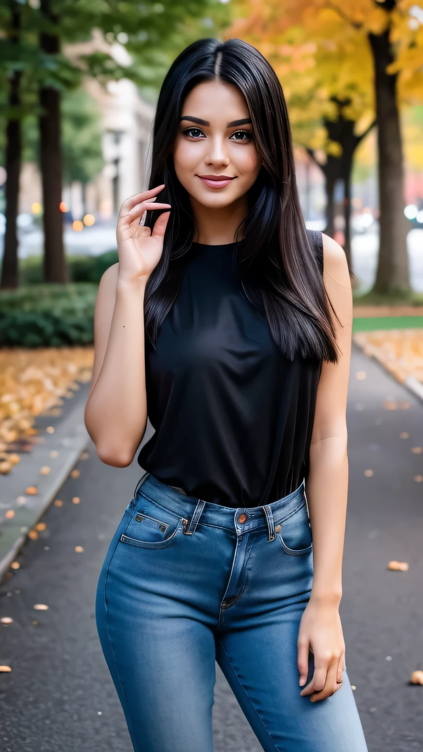 Realistic full body photo of a smiling, Young black-haired girl with long hair, She dances in front of the camera in a long, violet, tight blouse and tight black jeans.., Park,glamour fotoshooting, Park, perfect anatomy, perfect brown eyes. Perfect hands with 5 fingers on each hand, Matching girl, look into the camera, 1 Frau. (Eye make up:1.1), (highly detailed skin:1.1), spirit, analog style, keen focus, 8K UHD, dslr, good quality, Fujifilm XT3, Grain, Award-winning, masterpiece. Park