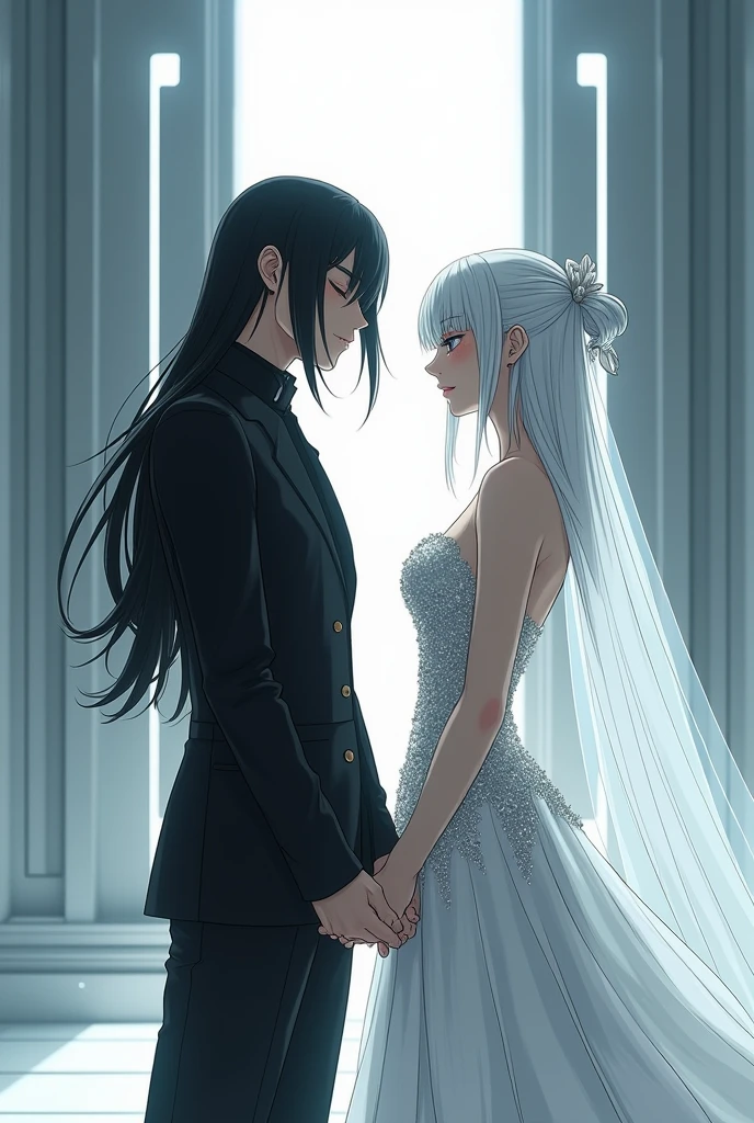 Sanakan and Cibo from Blame! Manga in a wedding dress), (sci-fi theme) suit black hair, dress striking silver hair, Futuristic atmosphere Emphasizes radiance pure atmosphere Intricate details of the outfit A soft but bright light shines from above. Intimate and romantic atmosphere Highly detailed, exceptionally detailed, cinematic quality, emotionally charged scenes.