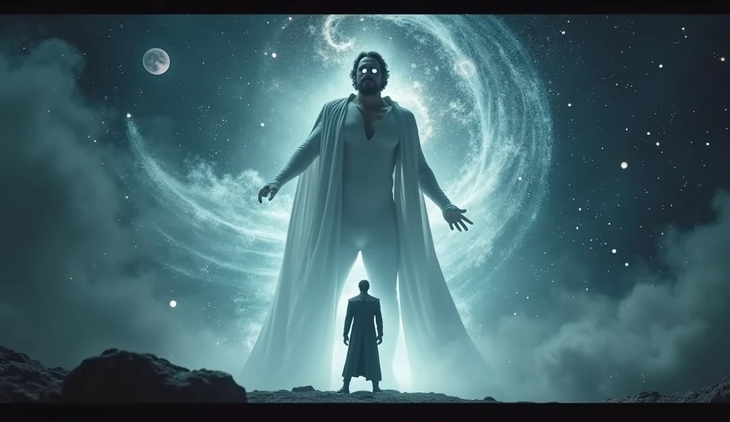 A cinematic medium shot of Henry Cavill with medium hair and beard as Pre-retcon Beyonder in the MCU. He is looking down to Robert Downey Jr dressed up as Doctor Doom. Doctor Doom is looking up to The Beyonder who is floating in black space with some stars far away and is facing towards to us while we can only see his side face where he gives a villainous laugh with a villainous facial expression. He has a non-muscular build and for his outfit The Beyonder wears tight white suit with a thunder neck cutting coat made of a white material that seems to shimmer and shift like the fabric of space itself. The robes are primarily deep white, with hints of starry constellations scattered across them. The edges of the robes glow faintly with a black or purple energy, as if the fabric is charged with cosmic power and around the Beyonder, several small, glowing orbs float in the air, constantly in motion These represent the Beyonder’s control over the fundamental forces of the universe and give a sense of their boundless power and the Beyonder's eyes glow with a piercing white light, and their entire form is surrounded by a faint, shimmering aura that pulses with energy. The aura occasionally crackles with energy, hinting at the raw power within.He wears no cape.Make Henry Cavill look more angry and psychotic and realistic.He is soaring over the earth since he is very large and having two planets in the palm of his hands. Doctor Doom is looking up to The Beyonder and gets terrified. Make the image as an epic confrontation.