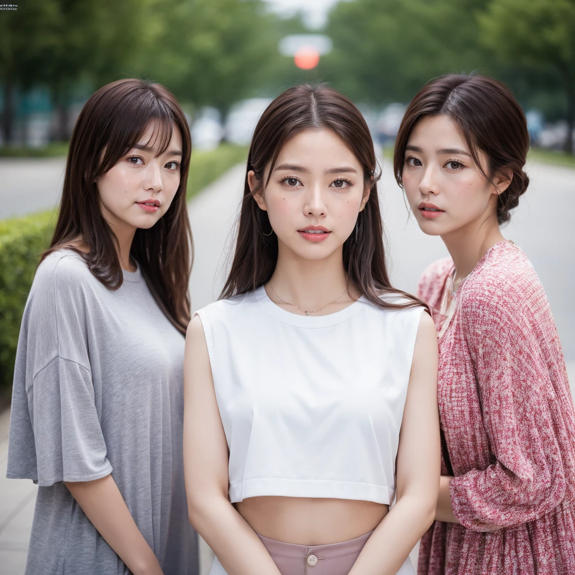 Highest quality, Super detailed, (Ultra-high resolution,8k), Ultra-high definition 4K, (5 cute fashion models), (Women's dress with detailed floral print), (Beautiful Eyes), (High-quality facial beauty), (Press conference), (Photorealistic), (Big Breasts), Soft Skin, Glowing Skin, Bright lighting, ((High Jump)), (cute), colorful, Goddess-like beauty, ((look back))