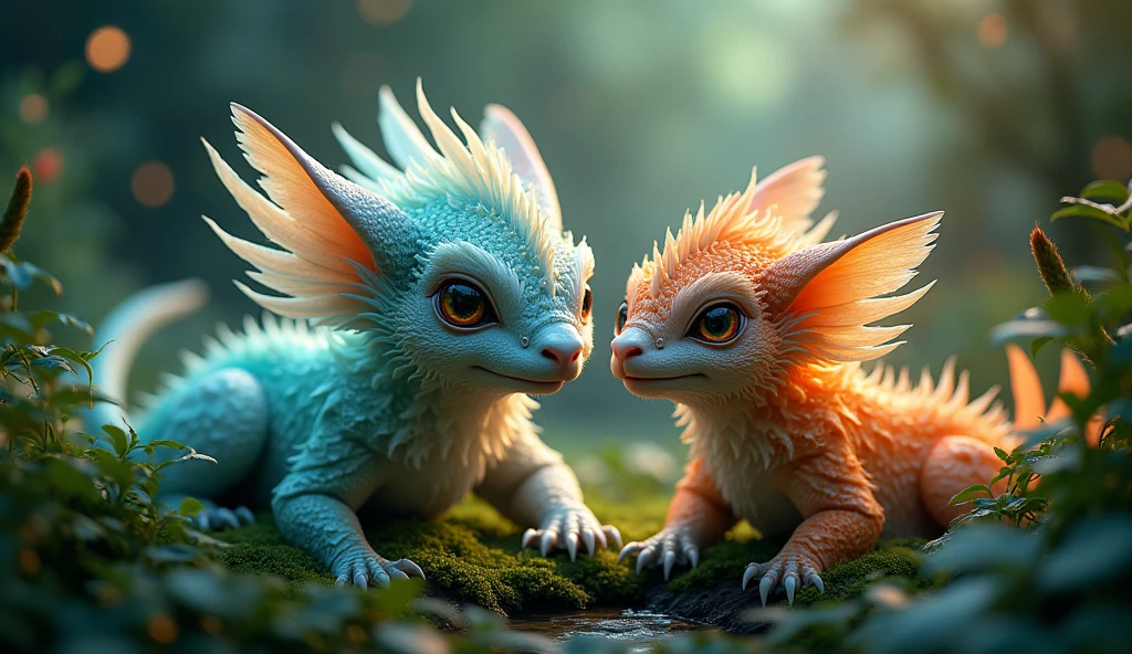 2 beautiful magical fantastical creature,highly detailed,hyperrealistic,intricate patterns,detailed textures,glowing ethereal eyes,intricate wings,flowing magical energy,radiant colorful feathers,magical natural environment,lush foliage,dramatic lighting,vivid colors,cinematic composition,award winning digital art, masterpiece, 32K UHD,style raw