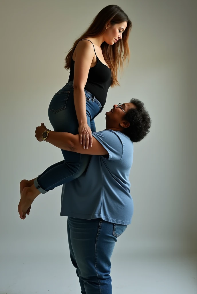 Create a photo of a 30 year old young woman, with a slender and beautiful body, wearing a pink low-cut tank top and jeans, with white and clear skin, with long light brown hair and has her back to the camera as she is lifted high by the waist by an obese black 90 year old lady, dark black skinned, who has short hair, who wears gles and a blue dress