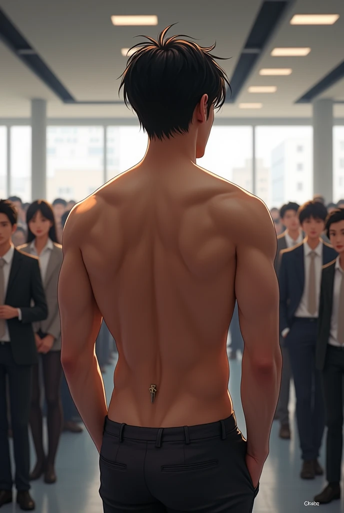 1boy、Photo Quality、Cute handsome man、Mash Hair、Japanese male, 、Completely naked、Full nudity、erection、Huge penis、Highest quality、Realistic、beautiful、Inside the office、Back view of a person greeting a large crowd