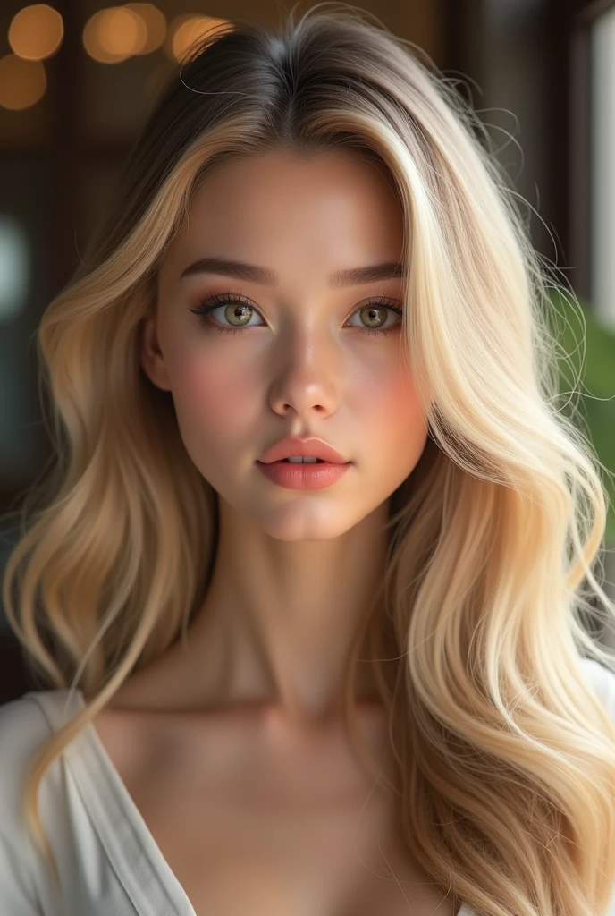 A stunning blonde woman aged between 25 to 30 years, designed using a precise facial model with specific geometric constraints to ensure consistency across different depictions. Her face is divided into a grid system that aligns key features in a proportional and symmetrical manner, following the golden ratio for facial length-to-width. Her long, flowing blonde hair frames her face with a natural shine, and the soft waves are meticulously detailed to reflect light consistently. Her naturally arched, well-groomed eyebrows maintain a precise distance from her large, almond-shaped hazel eyes, ensuring a balanced interocular distance. The eyes are rendered with detailed sclera and iris textures, with consistent light reflections for lifelike realism. The straight, well-proportioned nose features a nasal length aligned with the lip distance, with shadows falling naturally to enhance depth. Her full, naturally pink lips are slightly parted, with a defined cupid’s bow and subtle gloss, maintaining a soft curvature that complements her chin and jawline. High, well-defined cheekbones are highlighted with gentle shading, adding to her sculpted look while ensuring zygomatic width consistency. Her smooth, flawless skin texture is detailed with subtle pores and an even tone, preserving a youthful, radiant glow. Makeup is applied in natural tones, enhancing but not altering her appearance. Set against a luxury hotel lobby backdrop, the scene uses a soft frontal light source at a 45-degree angle to enhance her features without creating harsh shadows. The facial features are maintained even with slight changes in expression, ensuring that all renderings align with the established baseline model for ultimate consistency. restaurnat