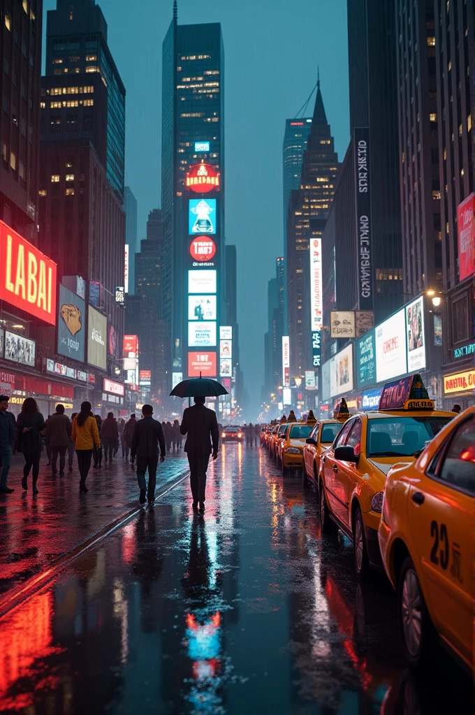 A New York avenue at night, with yellow taxis lined up, people walking with umbrellas in the rain, reflections of neon lights in puddles, and tall illuminated buildings in the background