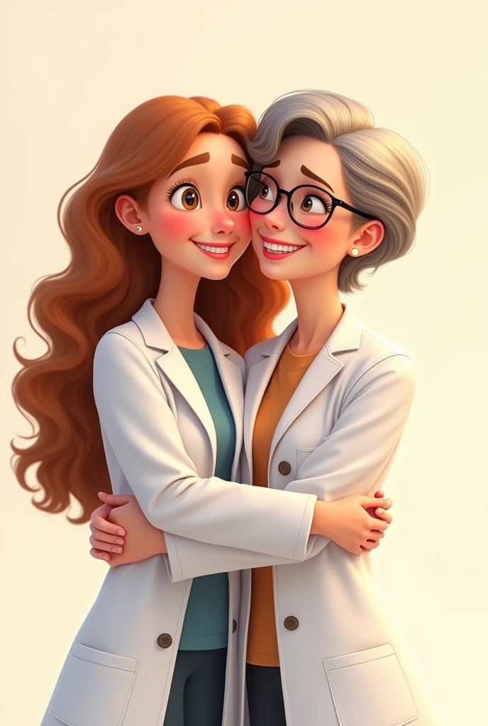 Me: White, light brown almost honey eyes, long curly copper-blonde hair type 3A, 159cm tall 24 years old. My teacher: Woman, short brown Brown hair, wears glasses, brown eyes, smiles a lot. 164cm tall. 64 years old. Both in coats hugging and smiling Pixar-like art.
"Create a Pixar-style digital illustration celebrating Psychology Day. The image should feature two women in white lab coats, warmly embracing and smiling. The first woman is 2, around 159 cm tall, with long, curly, coppery-blonde hair (type 3A), light brown eyes that are almost honey-colored, and fair skin. The second woman is 6, taller at 164 cm, with short short brown hair, wearing glasses, brown eyes, and fair skin. The older woman should have distinct facial features that reflect her age but in a stylized Pixar manner, while the younger woman should have a youthful appearance. Both women should have expressive faces and the warm, joyful style typical of Pixar characters. The background should be simple and light, emphasizing their close bond.
