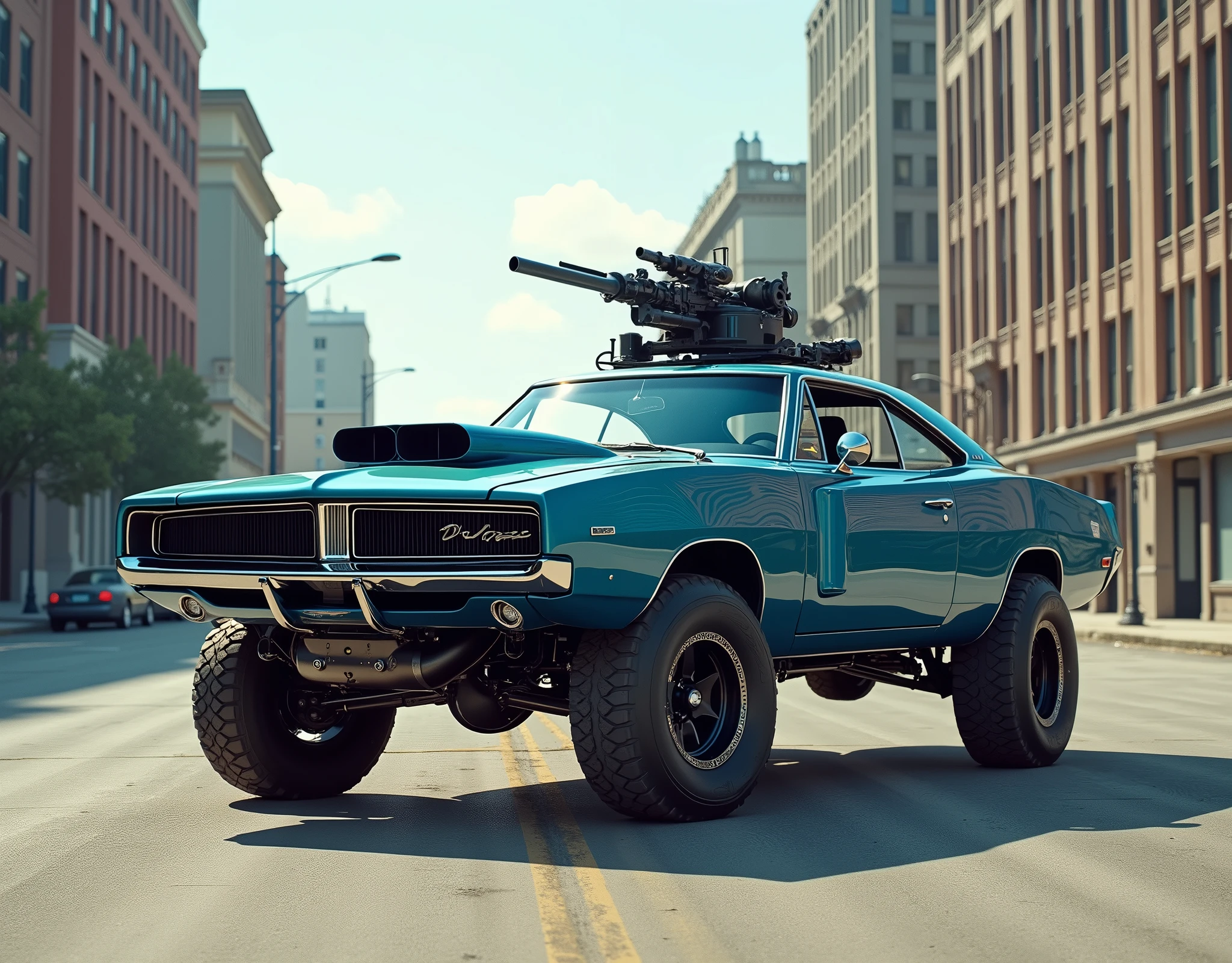 Make an image for an off-road variation of a blue 1968 Dodge Charger in an empty city street in America in the daytime, armed with a machine gun manned turret