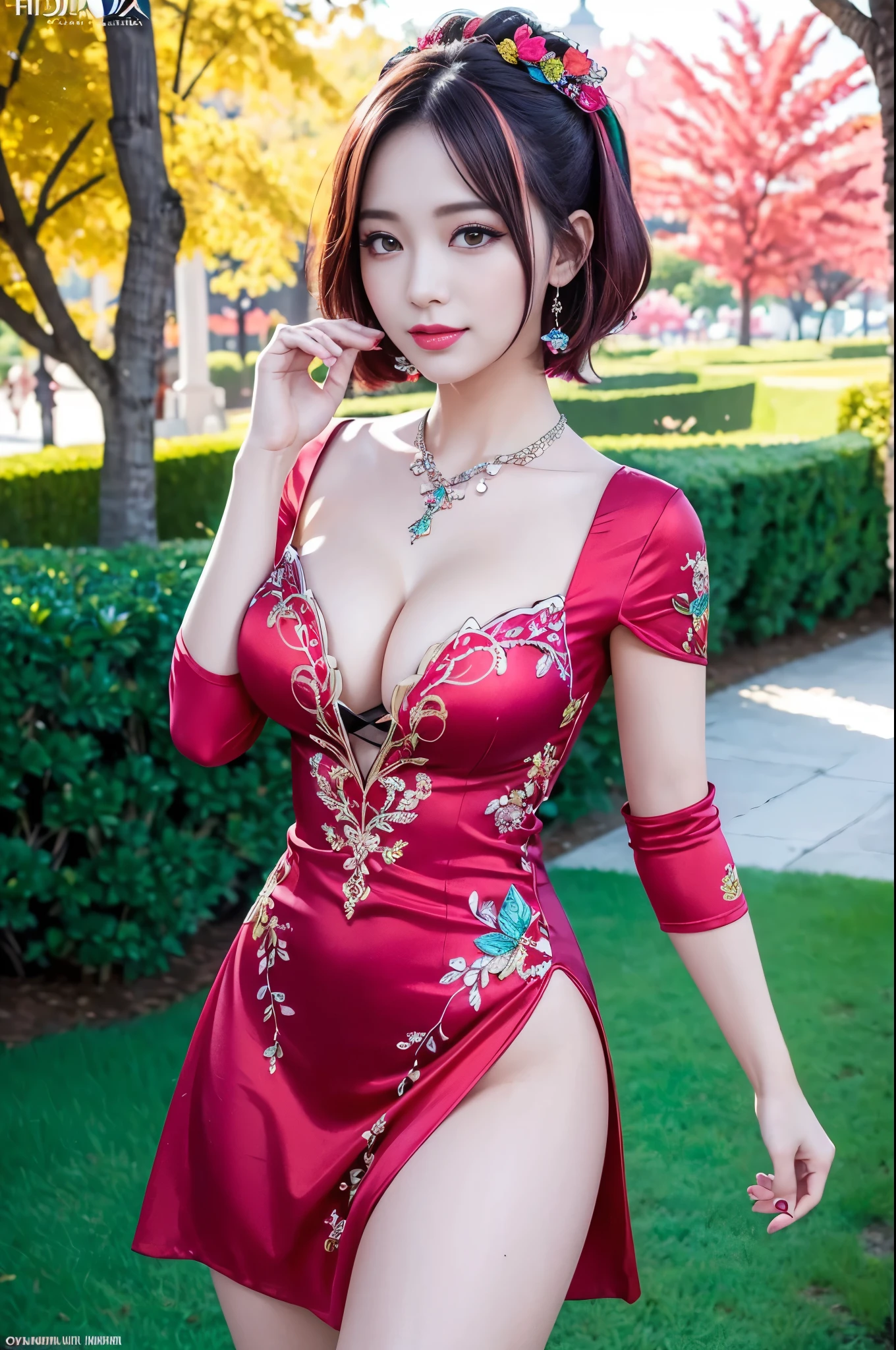 (masterpiece:1.4), (best quality:1.4), ultra high res, ultra high resolution, ((detailed facial features)), HDR, (realistic, photorealistic, photo-realistic:1.37), full body Esbian, sexy Vietnamese model, (-anime), vivid colors, ((vivid colors multicolor (red, pink) very short hair)), (happy smile), lip-gloss, long lashes, ultra detailed metallic makeup, defined eyebrows, wearing large sparkling colorful jewelery, wearing a red silk Paradise Kiss cosplay dress with black floral embroidery, ((vivid colors outfit)), vivid colors, look at the camera, cinematic light, large park background with trees, sweet and sexy pose