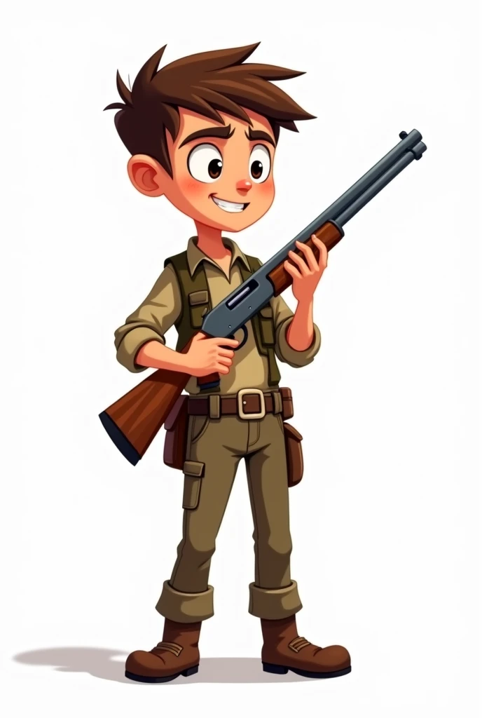 2d cartoon human hunter on white background thin and not sexy, CARTOON short man armed with a shotgun
