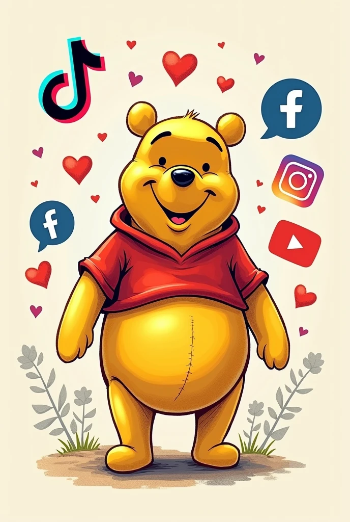 Winnie the pooh on his t-shirt with the tiktok logos, instagramart, Facebook and YouTube 