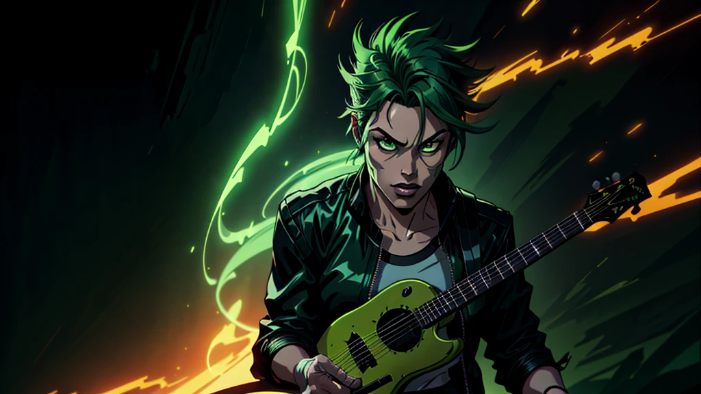 A green-haired anime character holding a bright green guitar, wearing a black jacket over a red shirt, against a dark background with neon lights, highly detailed, 4k, ultra-detailed, photorealistic, vibrant colors, dynamic lighting, dramatic pose, intricate details, smooth shading, cinematic composition