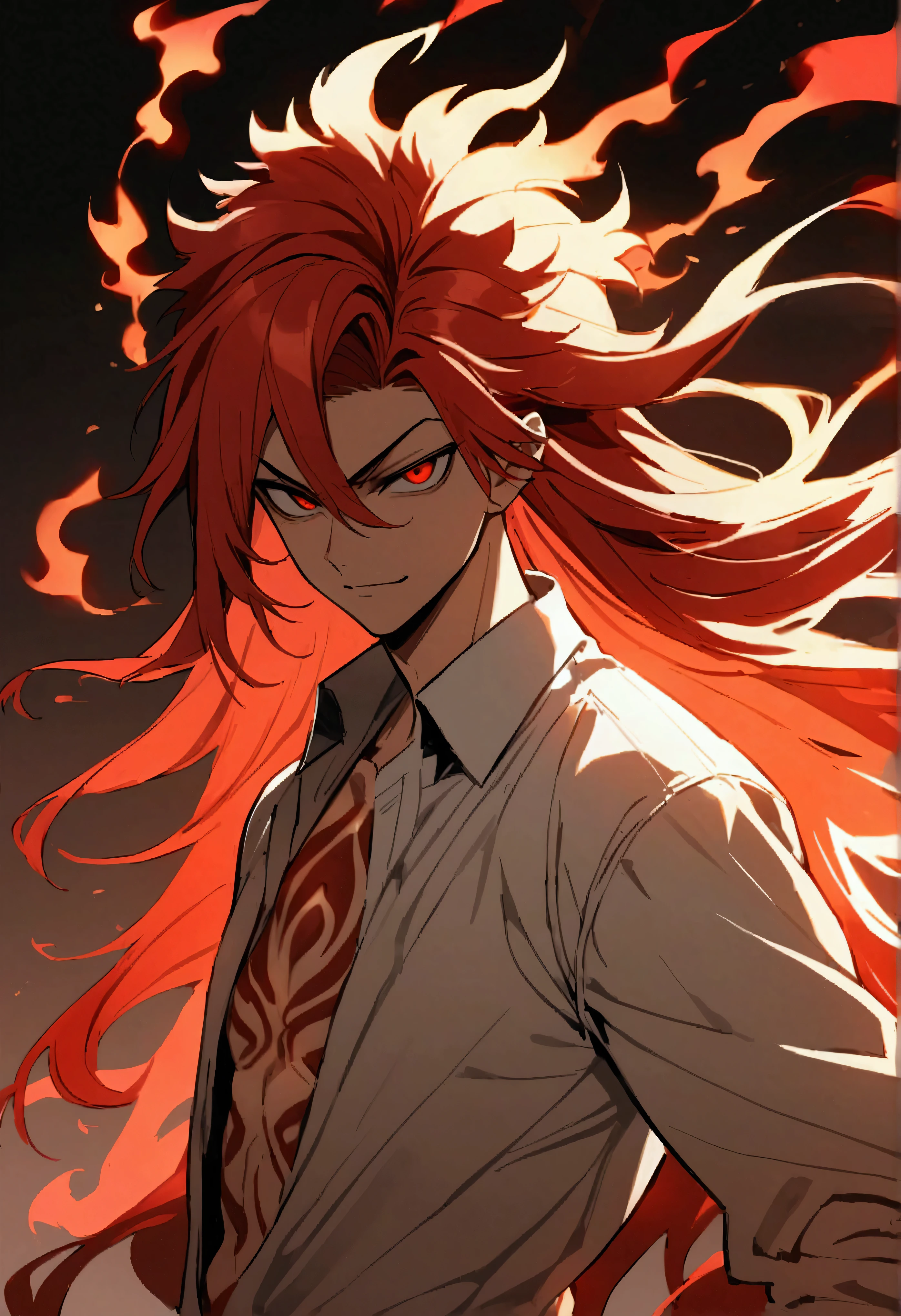  boy, spiky hair, long hair, bright red hair, big strip, Eyes red, serious face, simple smile, loose, flared white shirt, many red tattoos on the body, fiery aura.