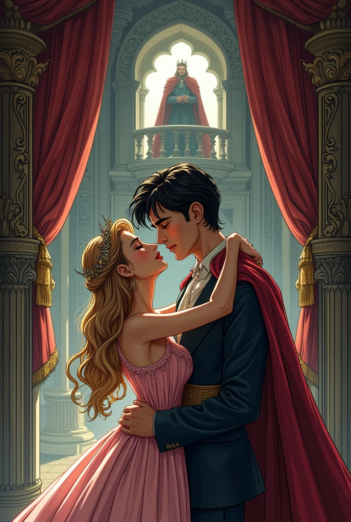 A page from a comic where a princess and a boy have a secret romance and the king sees them from afar but does not interfere.