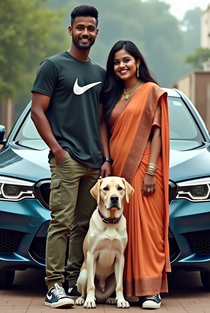 I’m he with appearance is brown tone with military hairstyle around 5.7 feet height tall with moustache and medium body wearing Nike T shirt and cargo with Nike shoes Jordan
and my lover is she little fat but cute with churidar and wearing bangles and earrings and we both are 23 old our Labrador retriever randomly posing in front of BMW M5 CS