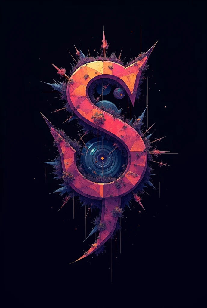 Combine the letter S with the letter N and the letter J using geometry, to create a psychedelic black background logo 