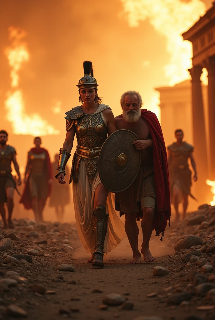 Atenea and Eneas, a goddess protecting a fleeing hero, Ancient Troy, Atenea in armor with a shield, amidst the ruins of Troy burning in the background, guiding Eneas as he carries his father, with other Trojans fleeing, wide-angle shot, hyper-realistic, photo realism, cinematography --ar 9:16