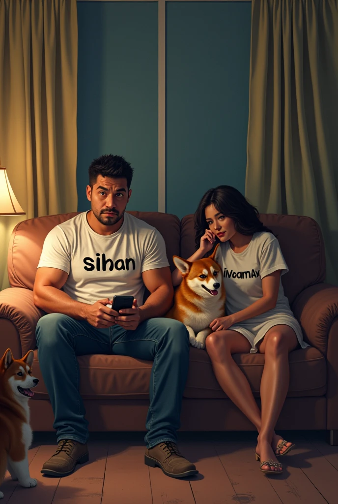 4 person in long sofa
 

couple 1: (couple two gay men Filipino muscle guy rounded big eyes, couple shirt written "sikan" holding a phone and angry typing, sleepless and envy down the couch hopeless, looked by one corgi dog and one shiba inu dog)

couple 2: (latina  girl and chinese boy hot couple, both flirty in couch hugging with couple shirt with text "Vivamax" ,  dark dirty, delusional sitting in a  couch apart, one is lying down the couch)