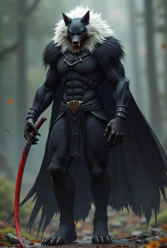 Maliketh adopte une forme humanoïde ressemblant à un loup-garou mais plutôt élancé. Il possède un pelage noir avec une crinière blanche éclatante courant le long de son dos. Son corps est entièrement couvert d'une armure noire, sauf pour sa tête, où il porte un casque sombre qui masque son visage tout en laissant apparaître sa mâchoire et ses yeux rouges perçants. Il porte une cape noire attachée à ses coudes, et ses griffes ainsi que ses crocs sont longs et acérés, renforçant son apparence menaçante et puissante. Il manie également un katana sanguin, ajoutant à son aura redoutable.