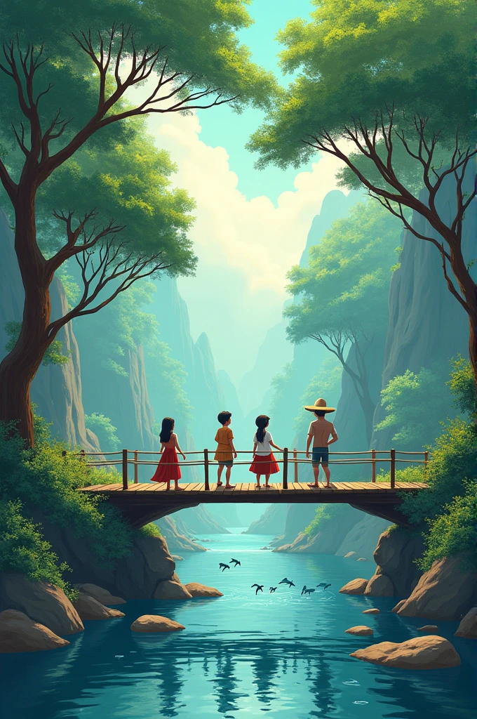 Create a stylized panoramic image with trees, people, bridge, river, dolphins