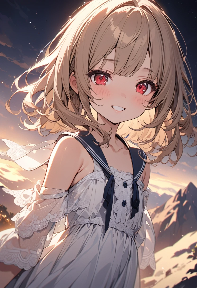 Close-up of a cute girl with long light brown hair and red eyes, smiling while wearing an adorable sailor dress and sandals, standing on a mountain at night. The scene focuses on her face and upper body, capturing the softness of her expression and the delicate details of her dress, with the mystical night atmosphere surrounding her.
best quality,masterpiece,natural lighting,super fine illustration,high resolution,(flat chest:1),amazing,kawaii,cute,cutegirl,detailed face,detailed eyes,8k,utra detailed,detailed,