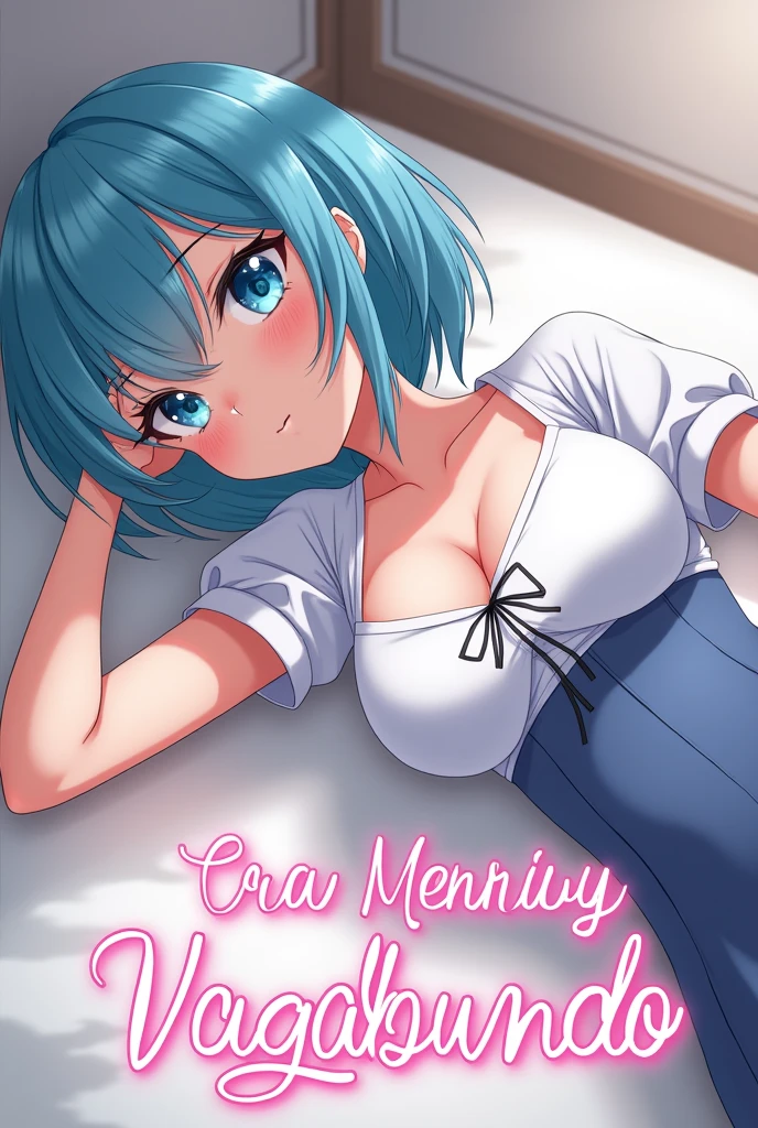 a female character lying on her back with her hands behind her head, showing a slight smile on her face. She has Her hair, an unusual cyan shade, cut into a chic, asymmetrical bob that frames her heart-shaped face. The locks tend to fall haphazardly over one eye, giving her a perpetually coquettish look. She has an hourglass figure, accentuated by her tight, low-cut school uniform tops that show off her full breasts. and tied into a high bun. The character is wearing a partially unbuttoned shirt, revealing a bit of her bust. She is lying on a flat surface that appears to be the floor, in a closed environment. The perspective of the image is slightly tilted, which gives a feeling of closeness and intimacy to the scene. If I were to color the image, I would choose the following colors: 1. **Hair**: Cyan hair, to match the anime/manga style that appears to be the character's origin. 2. **Eyes**: A soft light blue tone, to enhance the facial expression. 3. **Shirt**: White or a shade of light blue, which are common colors for women's uniforms or dress shirts. 4. **Skin**: A light, rosy skin tone. 5. **Environment**: Neutral tones, such as gray or beige for the floor and walls, keeping the focus on the character. These colors would maintain the soft, pleasant tone of the scene while highlighting the character's details. Below the image in a pink and fun text should be written A vagabunda do Ensino médio" make a beautiful and elegant font for a book cover it could be a serif with delicate details, A serif font, with thin and curved strokes, conveying sophistication and timelessness, the letters must be in pink, com um contorno grosso e branco, as letras devem brilhar em rosa e elas devem ser bem grandes. do it anime style