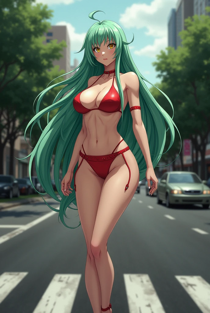 c2 from code geass as a hooker wearing slutty clothing while standing on crosswalk. ((fair skinned girl with long, almost waist-length light green hair and golden eyes)),
