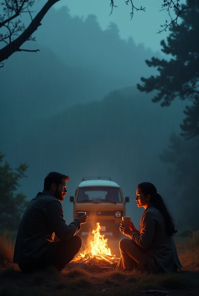 cinematic, photo realistic film poster of a man and his wife sipping tea around a bon fire at night, both staring upwards at something on the opposite side, a van parked just beside them, monsoon, foggy weather, Darjeeling outskirts, revenge mode