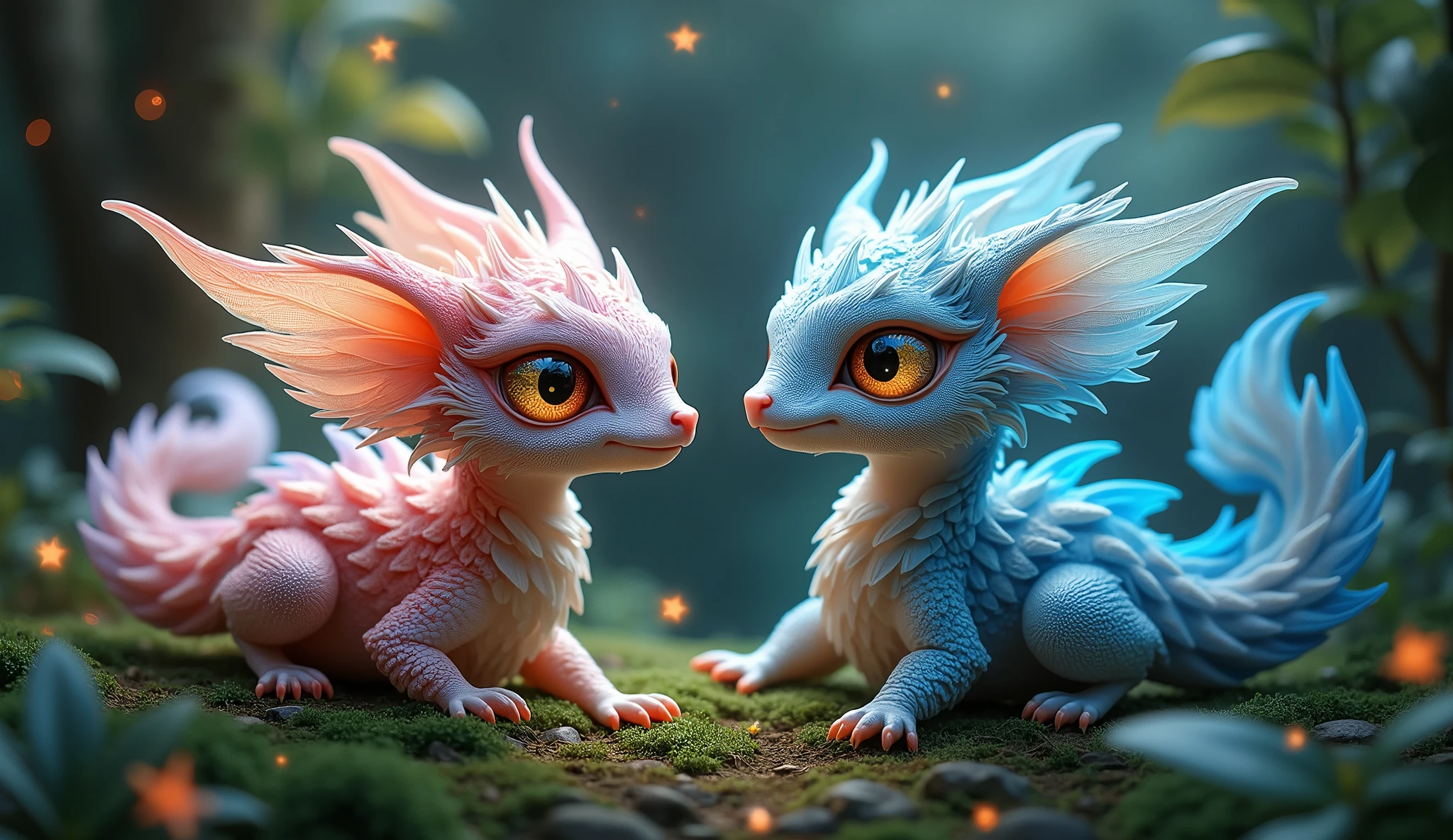 2 beautiful magical fantastical creature,highly detailed,hyperrealistic,intricate patterns,detailed textures,glowing ethereal eyes,intricate wings,flowing magical energy,radiant colorful feathers,magical natural environment,lush foliage,dramatic lighting,vivid colors,cinematic composition,award winning digital art, masterpiece, 32K UHD,style raw