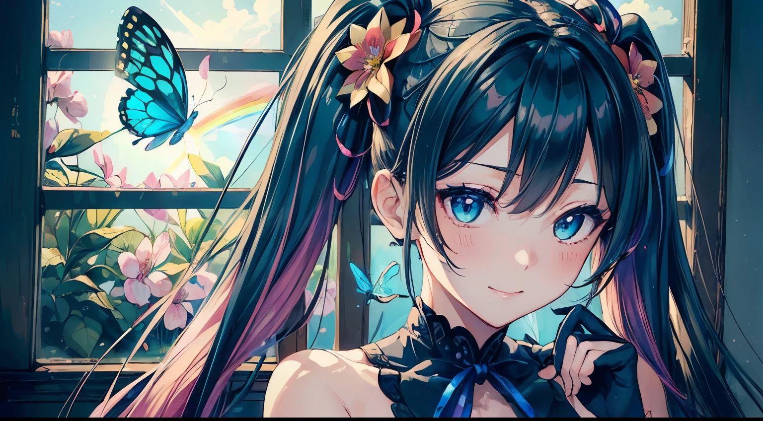 (masutepiece:1.3), (8K, Photorealistic, Raw photo, Best Quality: 1.4), Beautiful face, (Realistic face), Beautiful detailed eyes, (Realistic skin), Attractive, Intricate details,Golden ratio,  1 girl,Naughty smile, (rainbow hair:1.4),((Long twintails,Ribbon 1.4)),Gothic Lolita Fashion,(Blue butterfly hair ornament),off shoulders,cleavage,Dynamic Pose,Dynamic Angle,Intricate details, Hyper realistic, Perfect Anatomy、only face、A smile、Smiling、Face enhancement、Golden light、rainbows、Heaven、angelicales、Deities、Luz Divina(masutepiece:1.3), (8K, Photorealistic, Raw photo, Best Quality: 1.4), Beautiful face, (Realistic face), Beautiful detailed eyes, (Realistic skin), Attractive, Intricate details,Golden ratio, 1 girl,Naughty smile, (rainbow hair:1.4),((Long twintails,Ribbon 1.4)),（looking-down),Dynamic Angle,ultra-detailliert, illustratio, gros-plan, Straight, One girl, (Fantasia:1.4), (azure eyes:1.233),Her eyes shone like dreamy stars,(radiant eyes:1.233) ,(beautiful and delicate eyes:1.1),((+(Bullhair flower:1.14)),(Chiffon dress,Blue floral pattern on uniform)/=(military outfits:1.24),(no sleeves,Wide sleeves),(Fingerless gloves),a choker,(Miko is not),high-heels,(deadpan,Mouth closure),(Standing), (classical Princess boudoir with dressing tableand french windowin a white ancient palaces),(white blossoms、florals),(abyssal),(flowingwater),(a dull blue world tree:1.14),(Ruins),(natta:1.2 ),Dreamy,Seoul,(fluorescent),(Translucent blue butterfly flight:1.15),[[Delicate fingers and hands:0.55]::0.85],(Fine fingers),(yubao:0.5)