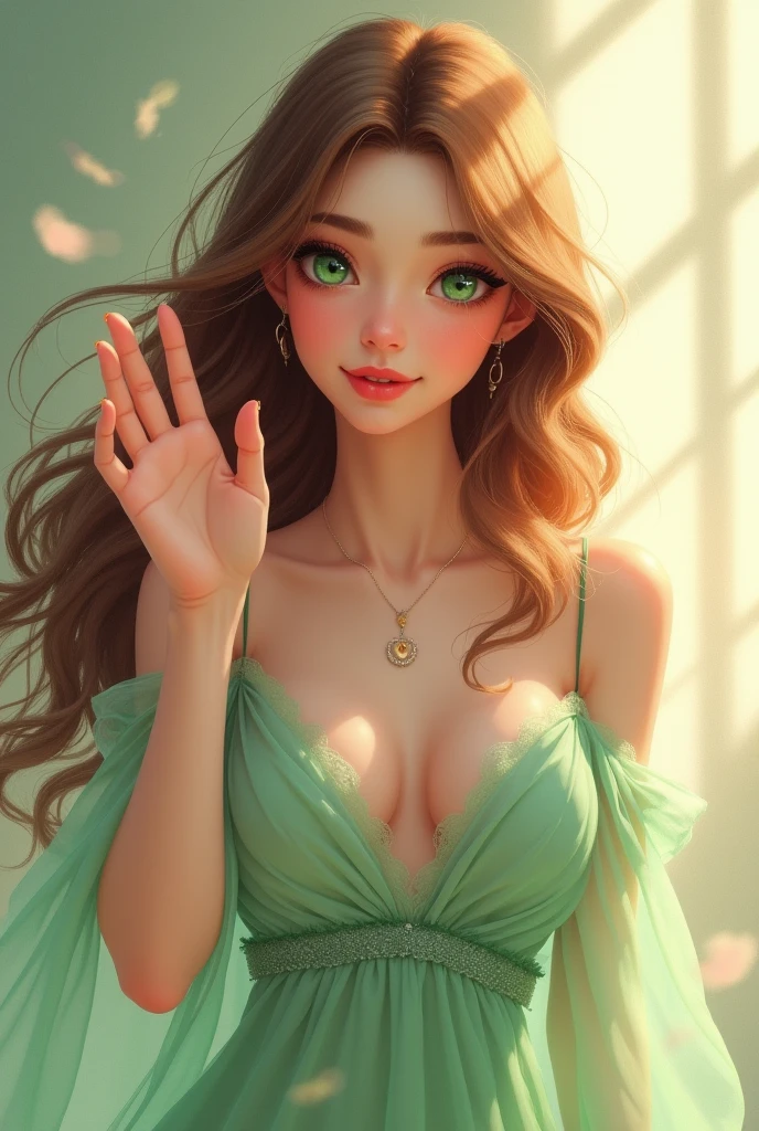 long wavy hair, chestnut hair, 1 girl, emerald eyes, waving with two fingers, pink lips, pastel green dress