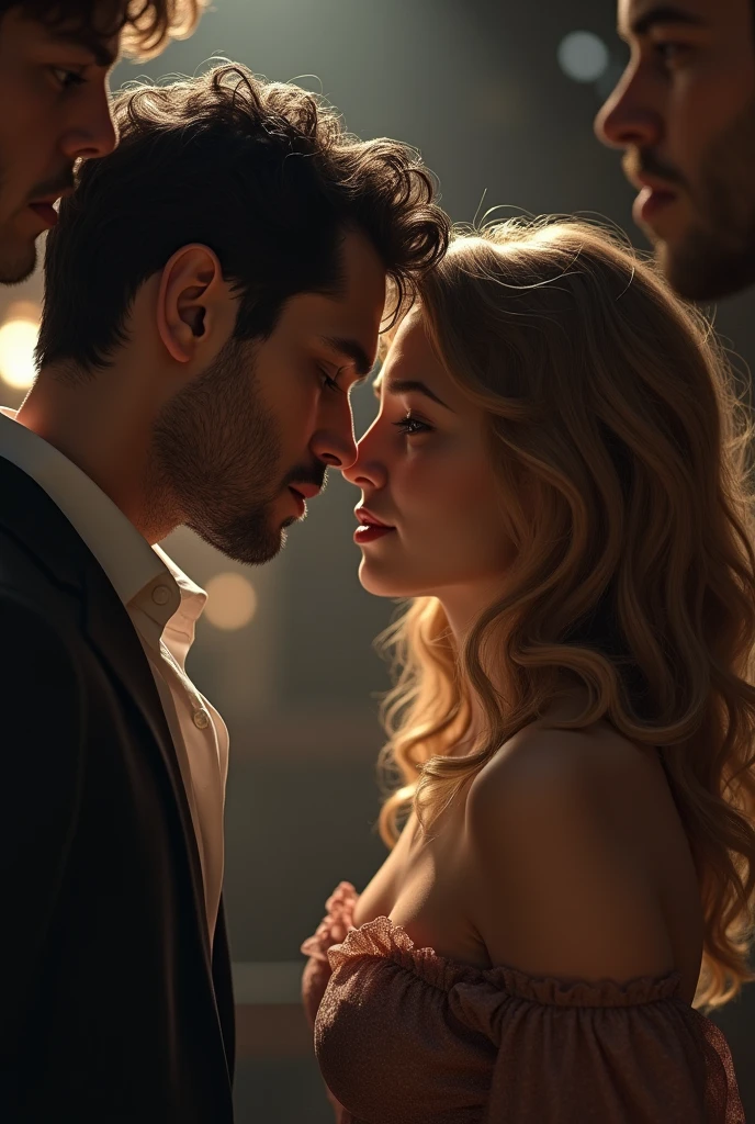 Un couple, homme regarde la femme avec désirs car il l'aime. La femme elle est plus triste, perturber. Un autre hommes la regarder un ancienne amour. Style très réaliste. Beaucoup de jalousie