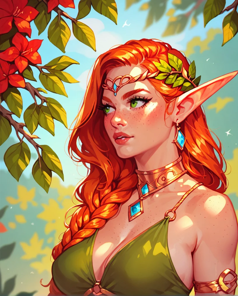 high elf with straight ginger hair wearing summer laurel, looking to the left