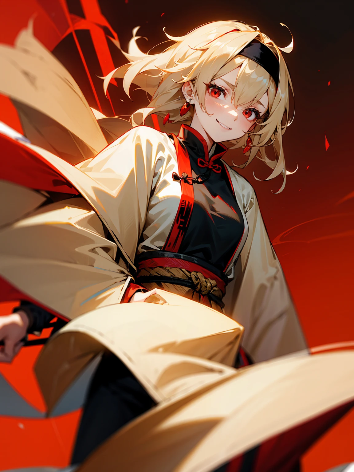 1female, beige hair, messy hair, medium length hair, headband, black sweatpants. Chinese cloak, earrings, evil smile, chinese restaurant, red eyes, black wind