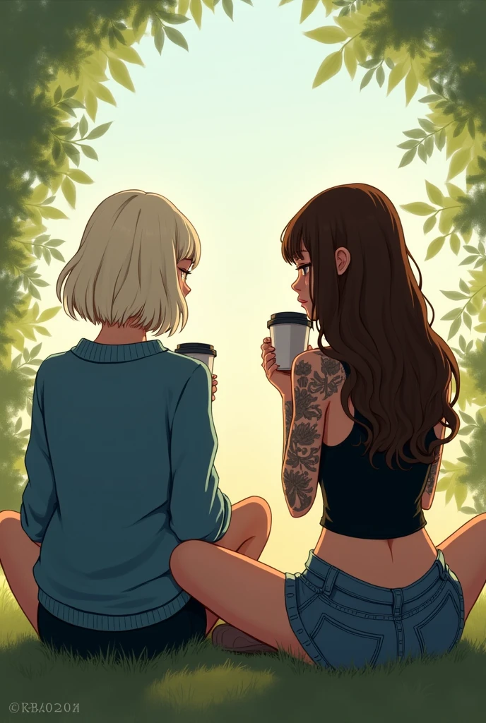 Une illustration de deux filles assises en tailleur et de dos qui boivent un café dans la nature. Elles regardent l'horizon. We only see their backs. The first girl has platinum blonde hair with a very straight shoulder length bob and a blue sweater.. The second girl has very long brown hair down to her back and wavy and a black tank top. She has her entire right arm tattooed.