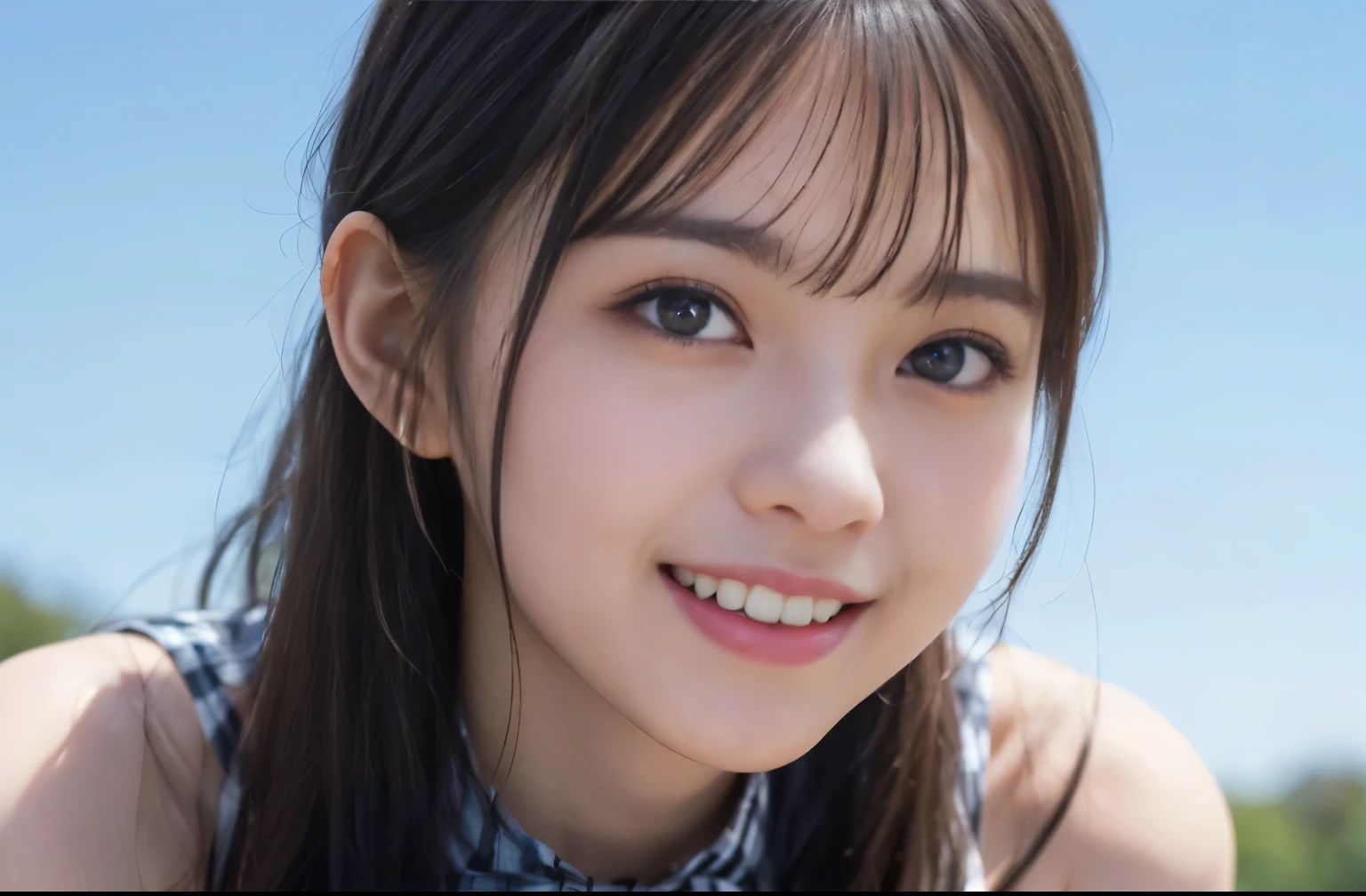 (Highest quality, masterpiece:1.2), Highest quality, Realistic, photograph, High resolution, 1080P, 8k, Physical Rendering, ((height: 155cm、Slim and slender style、medium firm chest)), ((((((A beautiful fashion model featured in a Japanese fashion magazine、Look directly at the viewer)))))), (((big, Very fine, Beautiful dark brown eyes))), ((((Everyone loves me、They are Laughter at me.!)))), Detailed fingers, (((length, Curled bangs))), ((((Very noble and cute eyes, Every detail is carefully drawn)))), ((double eyelid)), (((length eyelashes))), ((cute、Adorable、Adorable、Laughter、Laughter頬)), ((Pure white light hits my nose and cheeks. Her eyes and the white skin of her face are beautifully white........)), (((((Her face is very expressive、With a noble smile。, Very fun smiling beauty, Very clever smile))))), ((((A striking plain navy large school ribbon bow tie)))), ((((Very beautiful long black hair blowing in the strong wind outdoors、Fluttering Hair)))), (((((((She is wearing a formal long pleated skirt, Blue and navy tartan check, ))))))), ((((The size is a bit small、When she lifts up her white sleeveless shirt with a gold emblem, she shows off her beautiful small breasts.、Full upper body nude)))), ((As elegant as a noble princess)), ((From before, Create a striking image showing off your breasts..))(((((( fully nude high school girl)))))、Tight waist((((((Very close))))))、((((((Summer memories2Full nude high school girls)))))、Shortcut Straight Hair