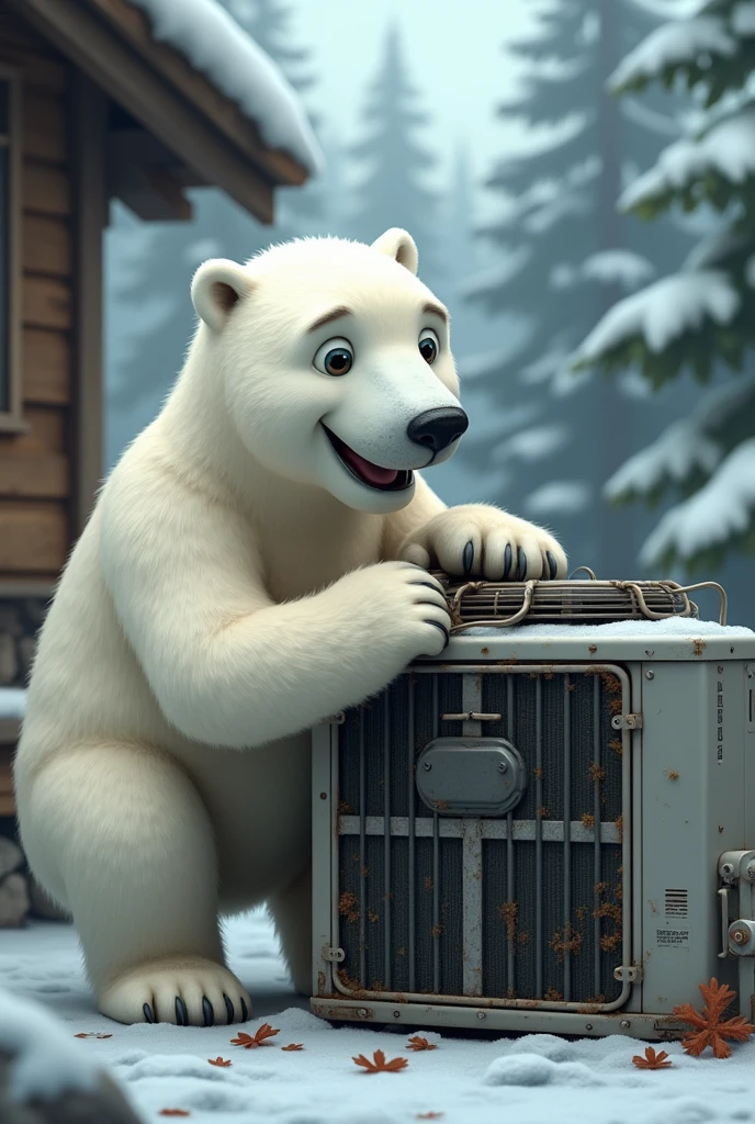 Real looking friendly polar bear repairing outdoor air conditioning unit