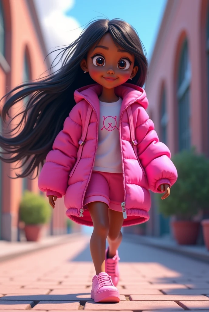 animated dark skin girl, with long hair and a bando wearing an oversized zipped up pink jacket on top of school uniform, with pink bagpack, pink shoes, walking
