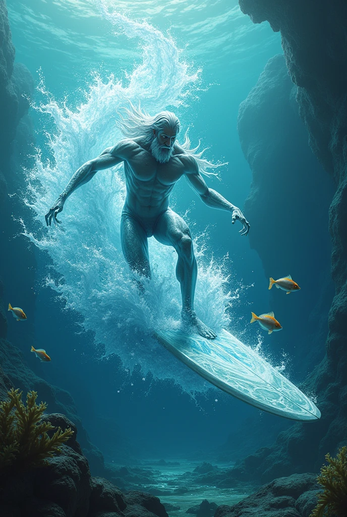 Poseidon creating a being, a surfer made of water in the depths of the ocean, Cooking more beings on an ice stove