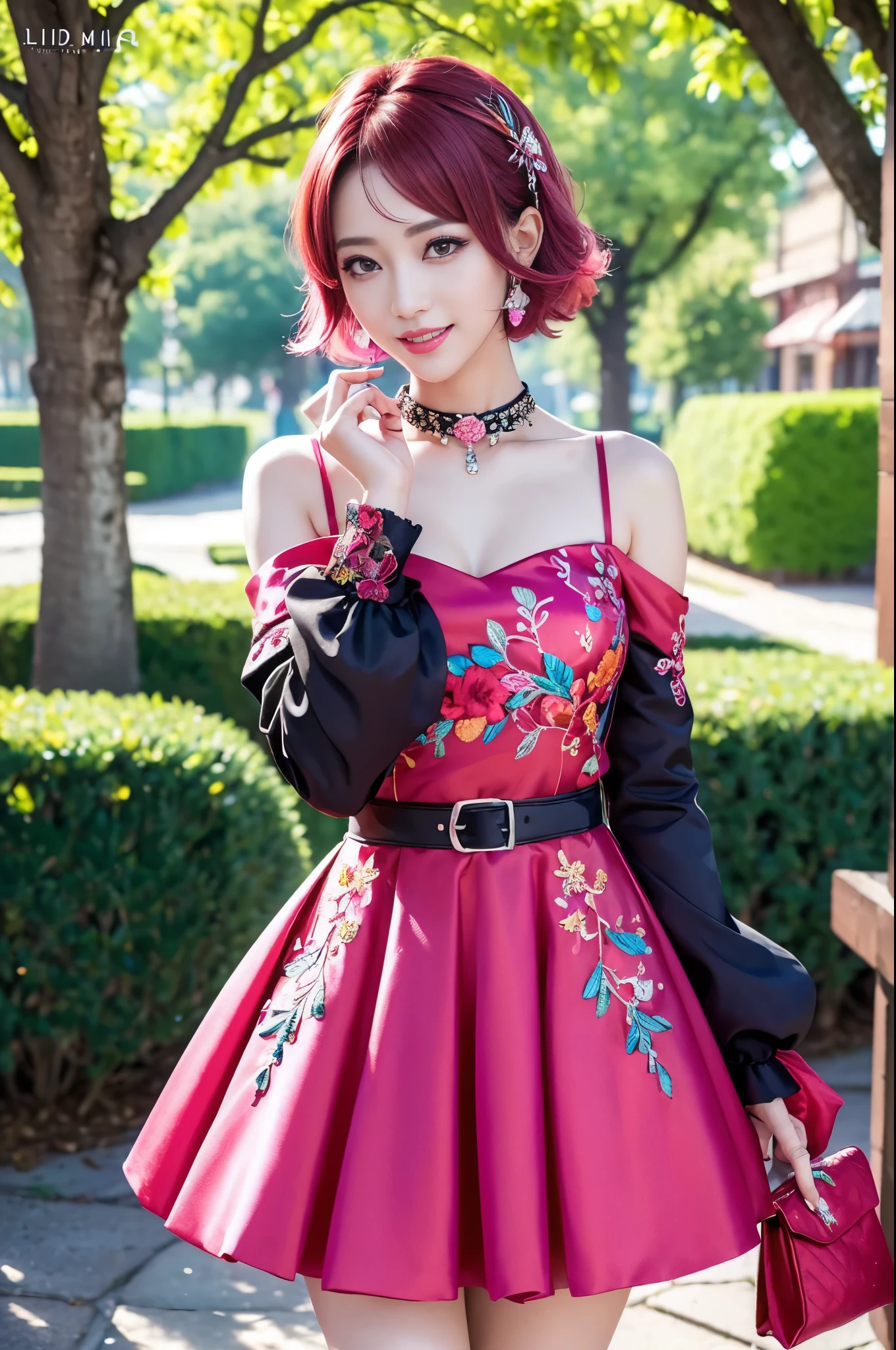 (masterpiece:1.4), (best quality:1.4), ultra high res, ultra high resolution, ((detailed facial features)), HDR, (realistic, photorealistic, photo-realistic:1.37), full body Esbian, sexy Vietnamese model, (-anime), vivid colors, ((vivid colors multicolor (red, pink) very short hair)), (happy smile), lip-gloss, long lashes, ultra detailed metallic makeup, defined eyebrows, wearing large sparkling colorful jewelery, wearing a red silk Paradise Kiss cosplay dress with black floral embroidery, ((vivid colors outfit)), vivid colors, look at the camera, cinematic light, large park background with trees, sweet and sexy pose