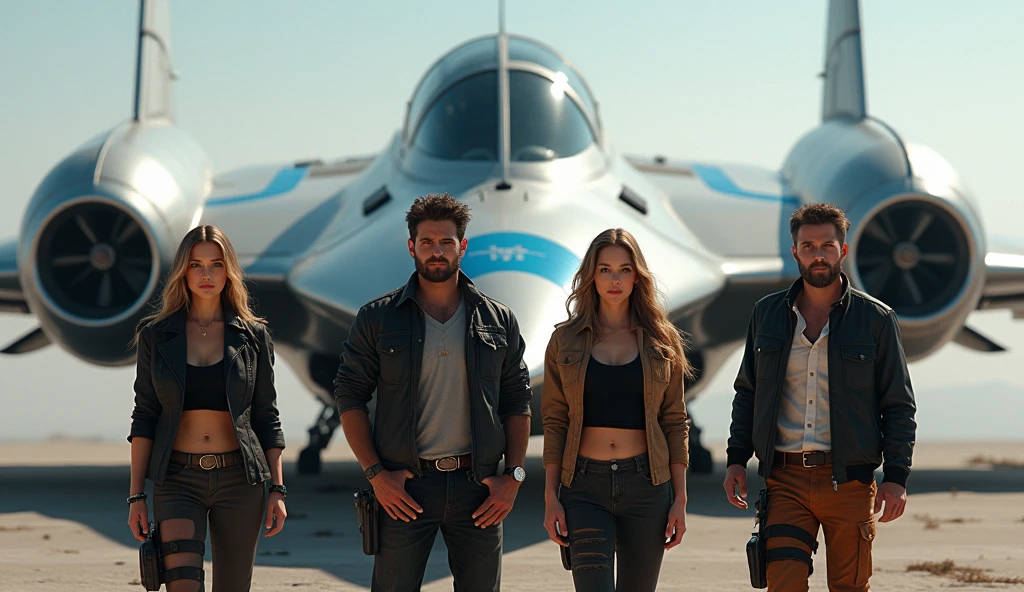 Two men and two women, they are space smugglers, behind them you can see their spaceship with a silver hull with blue streaks, with turbines mounted on the wings