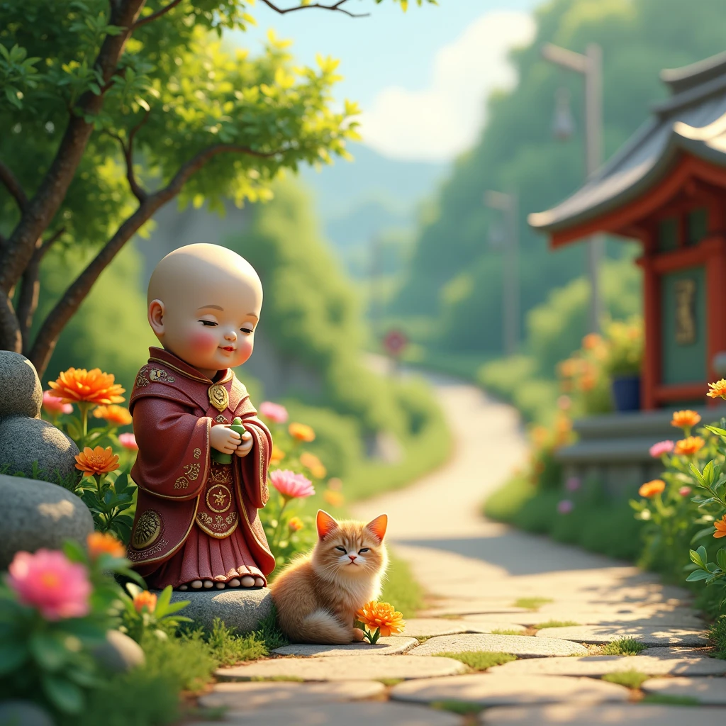 A tiny jizo statue on a rural road, a cat, flowers, (best quality,4k,8k,highres,masterpiece:1.2),ultra-detailed,(realistic,photorealistic,photo-realistic:1.37),detailed intricate shrine, small cat resting near flowers, lush greenery, warm lighting, vibrant colors, serene countryside landscape, beautiful natural scenery