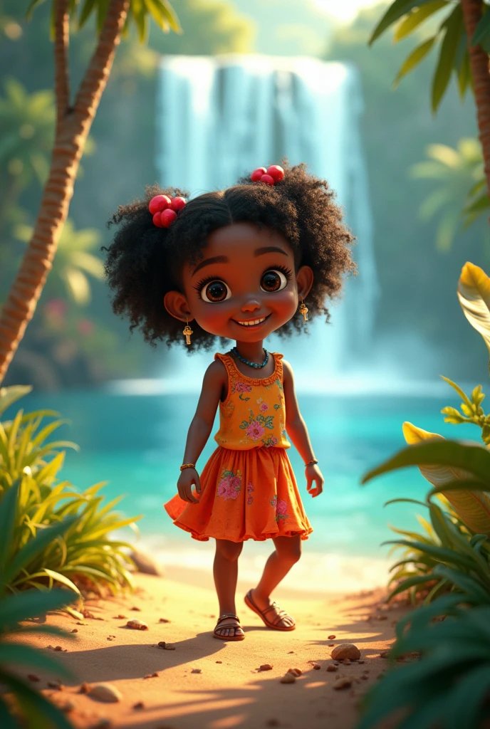 Pixar movie style Moana, With the name ́Pérola' , posters, Black-skinned , curled hair, 5 years