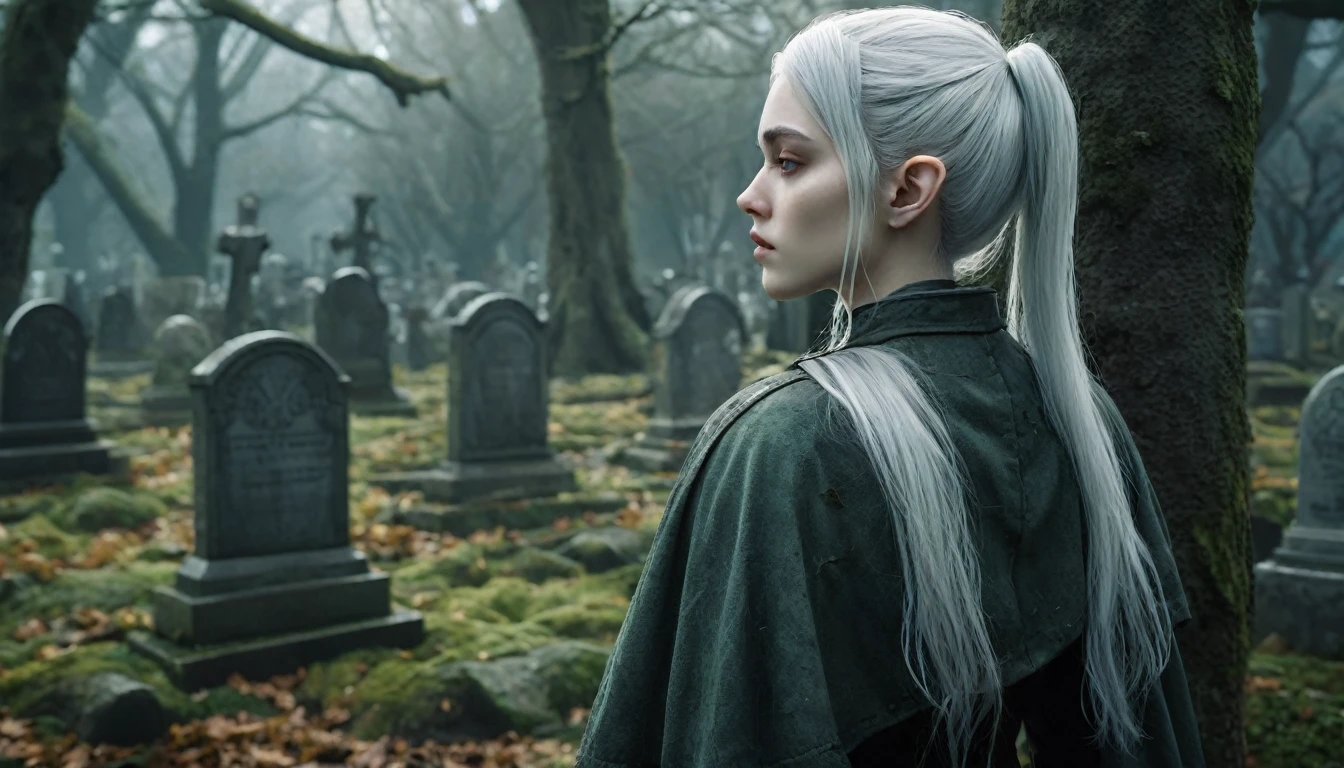  Frieren stands in an old, overgrown cemetery, her back to the camera, with her head bowed as she gazes solemnly at two graves in front of her. Her white hair, styled in twintails, falls softly down her back, and her pointed elven ears are prominently visible, sticking out clearly from beneath her hair. These sharp, elongated ears are a defining feature, highlighting her elven nature. She is wearing a worn cloak, with lifelike textures on her skin and clothes that reflect the subtle details of reality. The graves in front of her are weathered and partially covered with moss, with cracked headstones that show the wear of time. The dark, misty environment adds a melancholic mood, with dead leaves scattered across the ground and old tombstones surrounding her. The lighting is moody, making Frieren and the scene feel hyper-realistic, as though it were a high-definition photograph, ensuring the elven ears are fully visible.