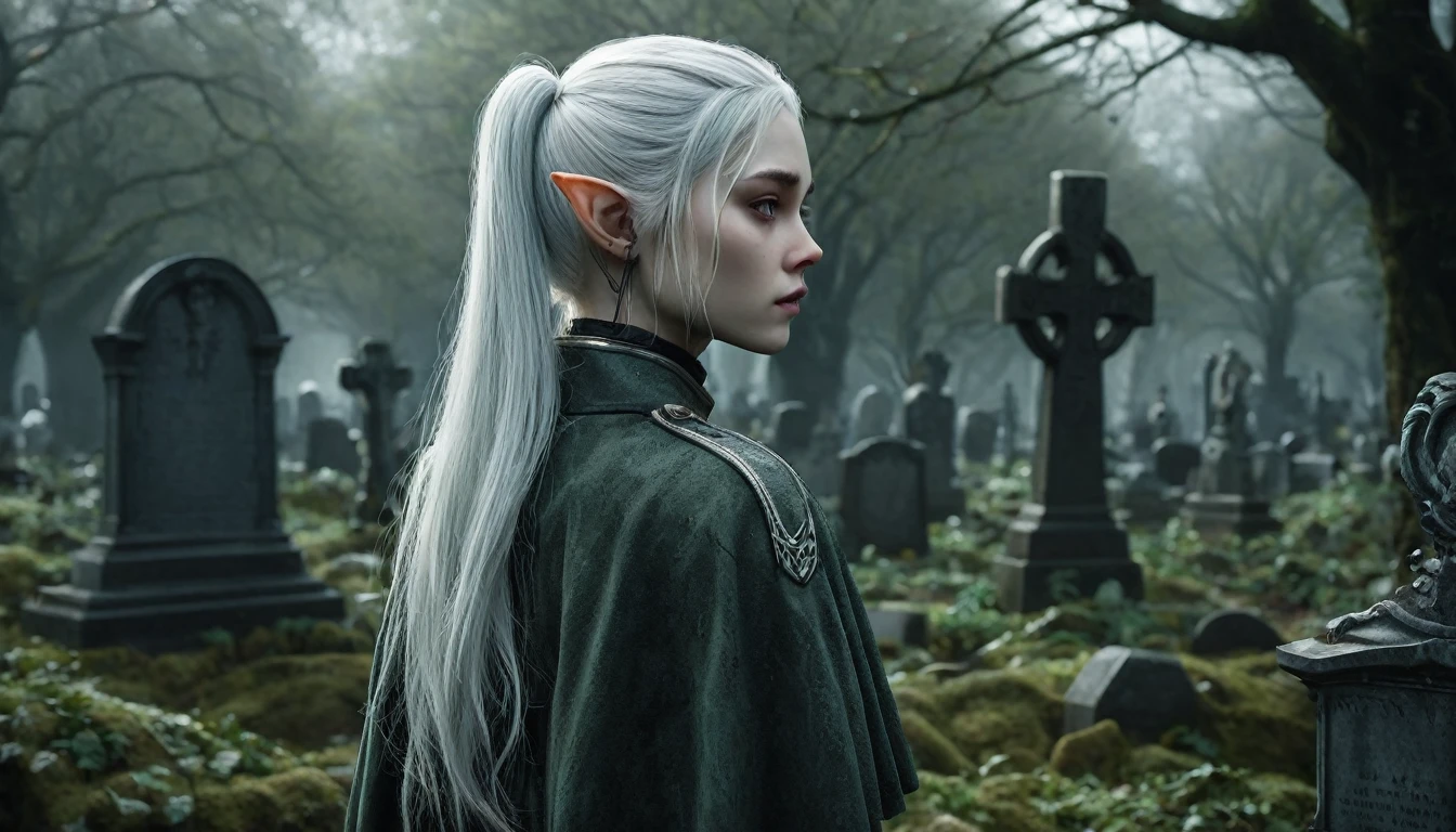  Frieren stands in an old, overgrown cemetery, her back to the camera, with her head bowed as she gazes solemnly at two graves in front of her. Her white hair, styled in twintails, falls softly down her back, and her pointed elven ears are prominently visible, sticking out clearly from beneath her hair. These sharp, elongated ears are a defining feature, highlighting her elven nature. She is wearing a worn cloak, with lifelike textures on her skin and clothes that reflect the subtle details of reality. The graves in front of her are weathered and partially covered with moss, with cracked headstones that show the wear of time. The dark, misty environment adds a melancholic mood, with dead leaves scattered across the ground and old tombstones surrounding her. The lighting is moody, making Frieren and the scene feel hyper-realistic, as though it were a high-definition photograph, ensuring the elven ears are fully visible.