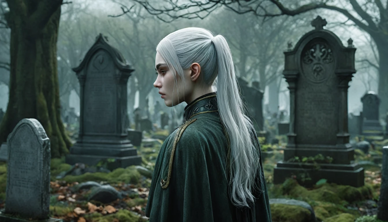  Frieren stands in an old, overgrown cemetery, her back to the camera, with her head bowed as she gazes solemnly at two graves in front of her. Her white hair, styled in twintails, falls softly down her back, and her pointed elven ears are prominently visible, sticking out clearly from beneath her hair. These sharp, elongated ears are a defining feature, highlighting her elven nature. She is wearing a worn cloak, with lifelike textures on her skin and clothes that reflect the subtle details of reality. The graves in front of her are weathered and partially covered with moss, with cracked headstones that show the wear of time. The dark, misty environment adds a melancholic mood, with dead leaves scattered across the ground and old tombstones surrounding her. The lighting is moody, making Frieren and the scene feel hyper-realistic, as though it were a high-definition photograph, ensuring the elven ears are fully visible.