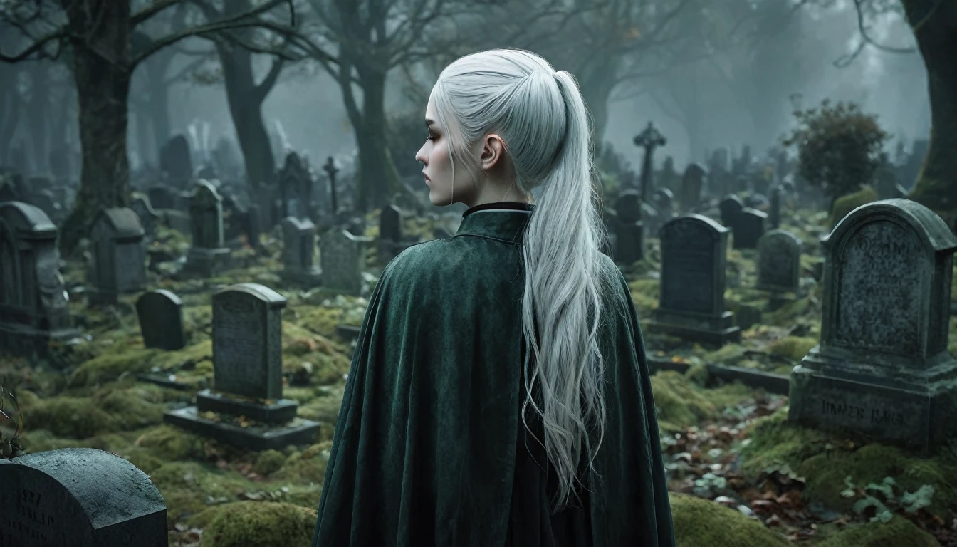  Frieren stands in an old, overgrown cemetery, her back to the camera, with her head bowed as she gazes solemnly at two graves in front of her. Her white hair, styled in twintails, falls softly down her back, and her pointed elven ears are prominently visible, sticking out clearly from beneath her hair. These sharp, elongated ears are a defining feature, highlighting her elven nature. She is wearing a worn cloak, with lifelike textures on her skin and clothes that reflect the subtle details of reality. The graves in front of her are weathered and partially covered with moss, with cracked headstones that show the wear of time. The dark, misty environment adds a melancholic mood, with dead leaves scattered across the ground and old tombstones surrounding her. The lighting is moody, making Frieren and the scene feel hyper-realistic, as though it were a high-definition photograph, ensuring the elven ears are fully visible.