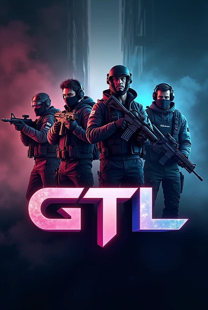(photorealism:1.2) unique and attractive logo for eSports organization called 'GTL' where 4 players are ready for action with weapons and gears on