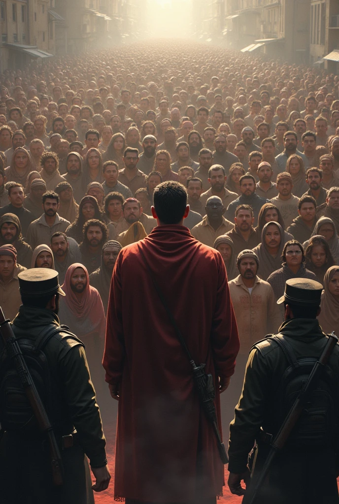 1000 people are standing in a crowd, they are poor and there is a leader in front of them, the leader is shouting, there are 3 body guards around the leader.